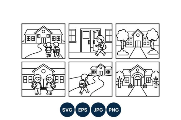 Children Walking to School Line Art Graphics
