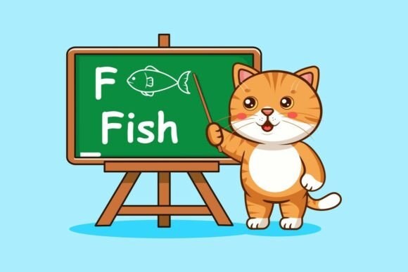 Cute Cat Teacher with Fish on Chalkboard Graphics