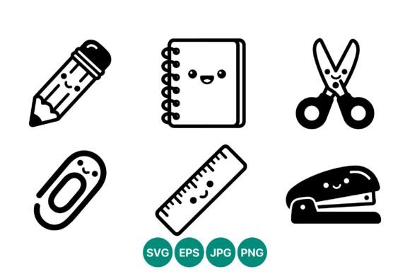 Cute Smiling School Supplies Icons: A Versatile Graphic Design Asset