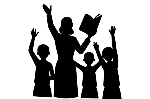 Teacher with Students Raising Hands Graphics